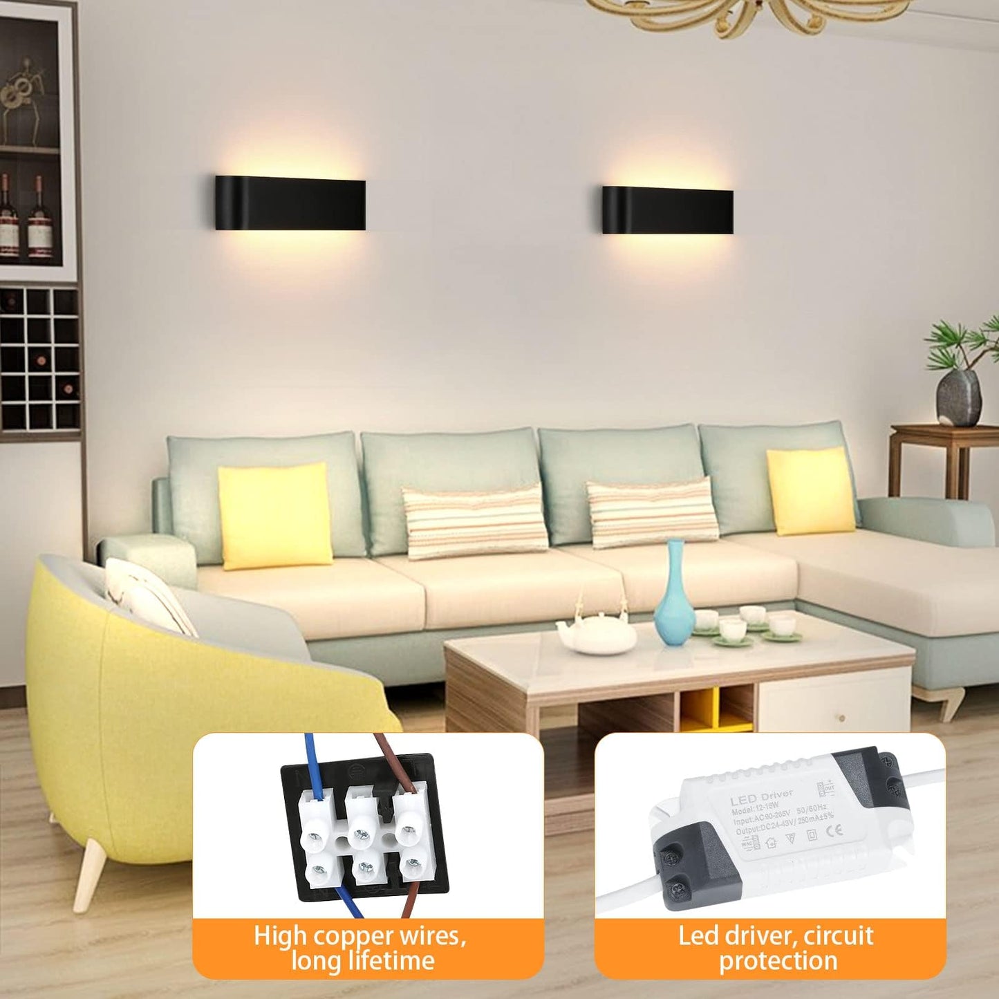 Lightess 2 Pack 16W Wall Light Hallway Wall Lamp Black Indoor LED Modern Up Down Light Corridor Wall Warm White Staircase Lighting IP44 for Living Room Bedroom Hallway Stairs, made of Aluminum.