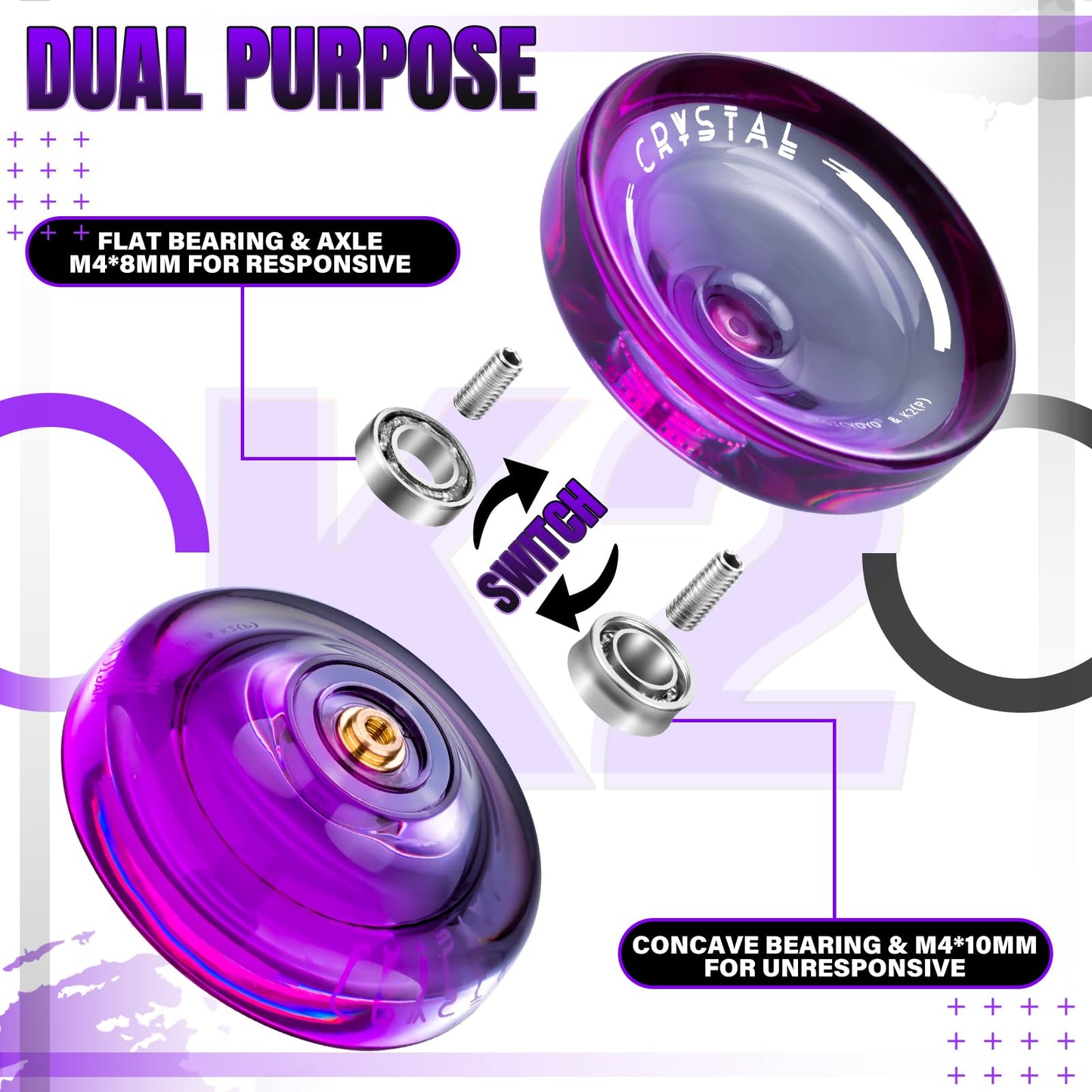 MAGICYOYO Crystal Yoyo K2, professional yo-yo for responsive and unresponsive play, with ball bearing and axle for tricks. Great for kids and beginners, comes with 12 strings, case, and accessories (Black Purple).