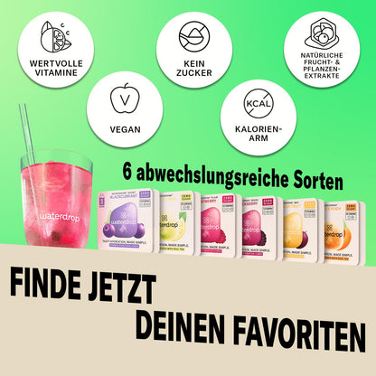 waterdrop® glass bottle 600ml incl. 18 sugar-free drops - gift for women - trial package with water bottle, flavor drops & vitamins - leak-proof bottle suitable for carbonation