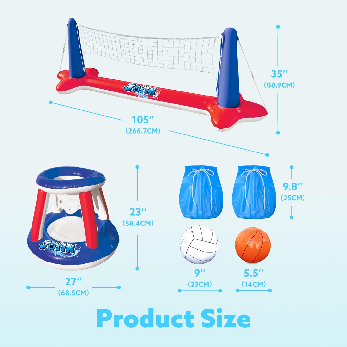JOYIN Inflatable Pool Float Set, Volleyball Net & Basketball Hoops & Balls for Kids and Adults, Water Ball Game Pool Toy Volleyball Basketball Pool Toy, Water Sports Summer Toy