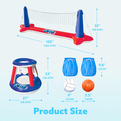 JOYIN Inflatable Pool Float Set, Volleyball Net & Basketball Hoops & Balls for Kids and Adults, Water Ball Game Pool Toy Volleyball Basketball Pool Toy, Water Sports Summer Toy