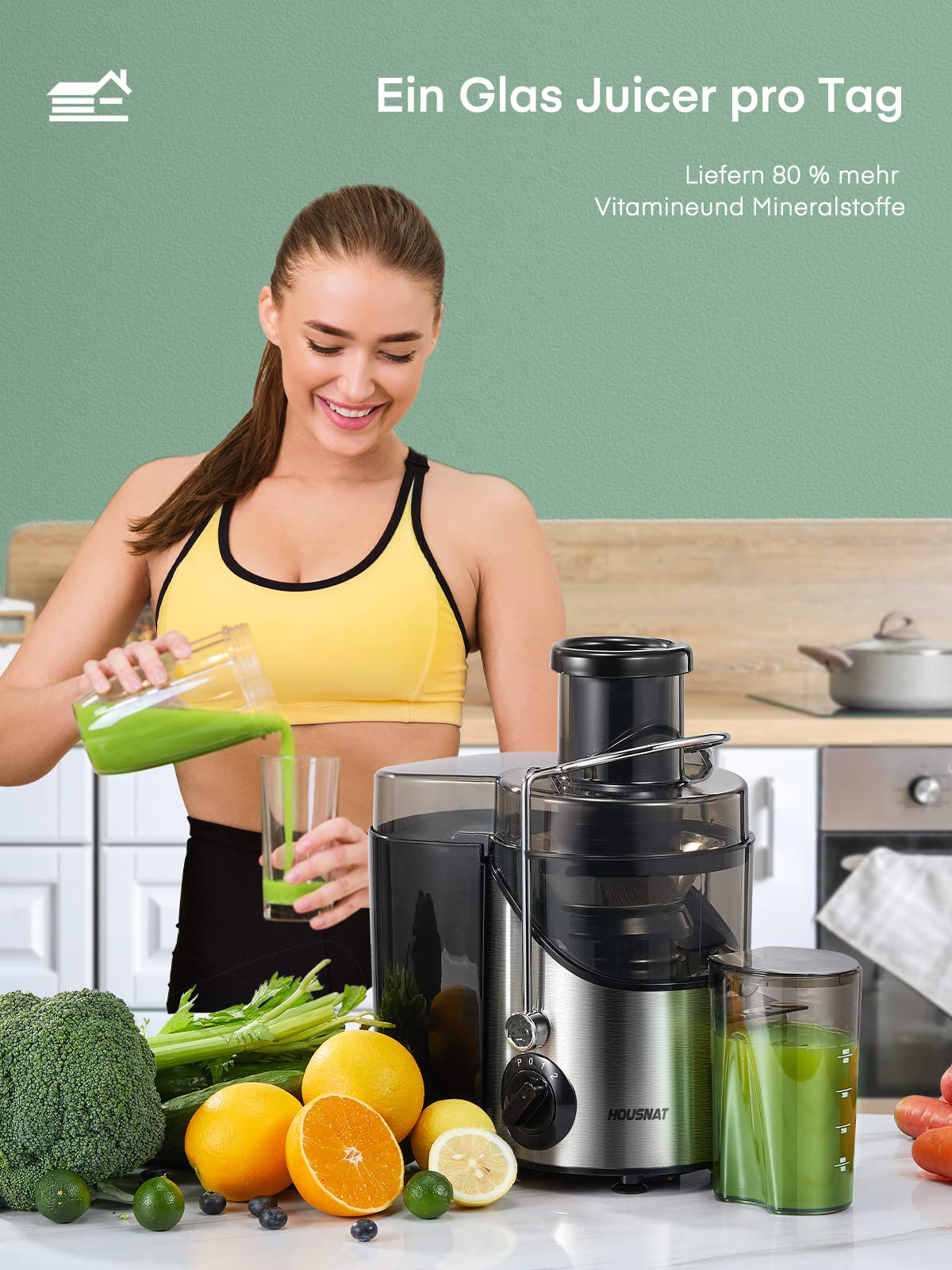 HOUSNAT Vegetable and Fruit Juicer, Max 800W Juicer Machine made of stainless steel with 3 speed levels, 65mm large mouth feed chute centrifugal juicer, easy to clean, BPA-free, 400W.