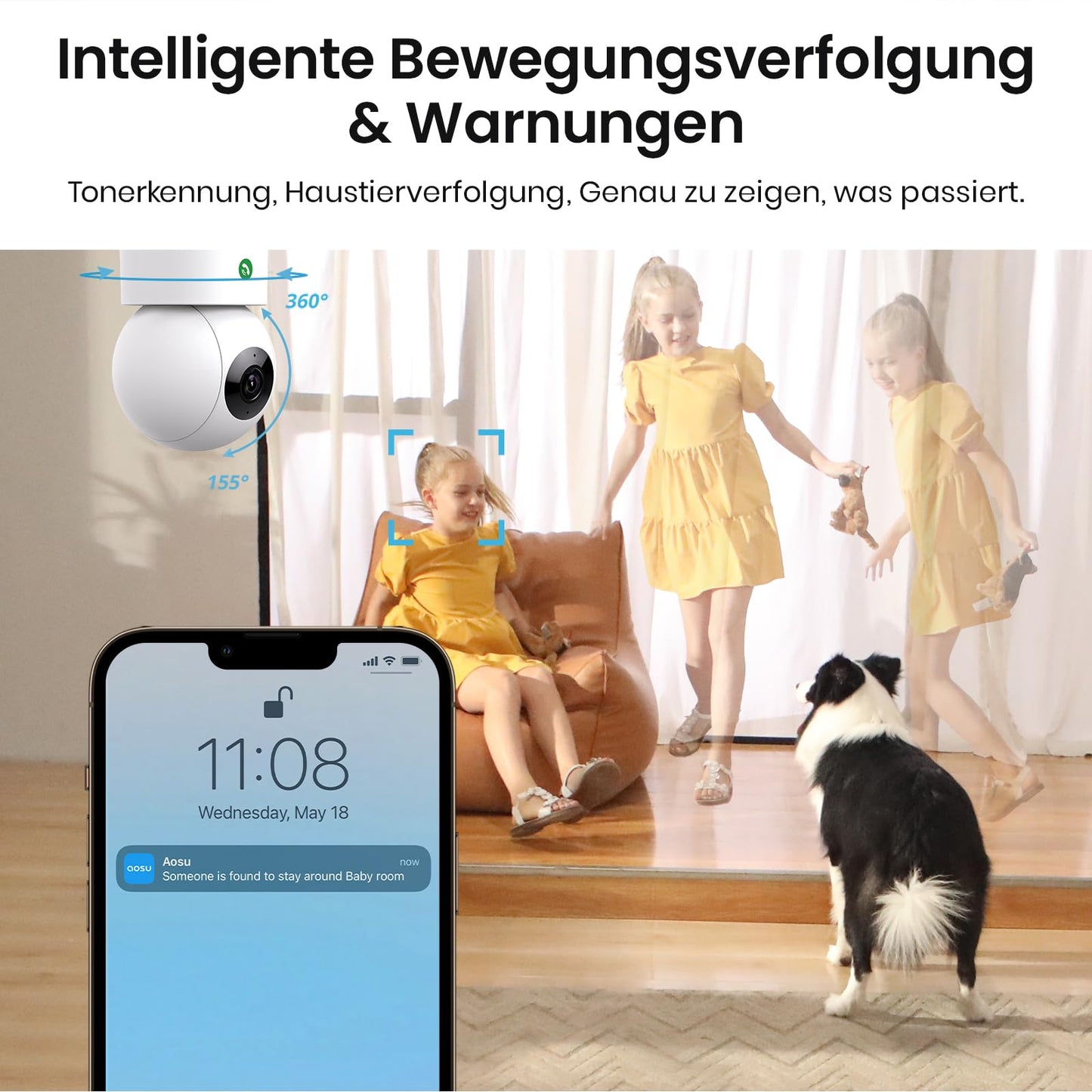 AOSU 2K indoor surveillance camera, 5G/2.4GHz WiFi camera with night vision, 360° home security camera for older kids with human/pet detection, 2-way audio, compatible with Alexa.