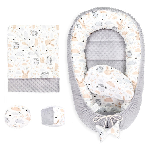 Baby Nest Set, portable cuddle nest for newborns with handle for crib. 6-piece bed nest with peaceful sleep accessories. Owl design in light grey.