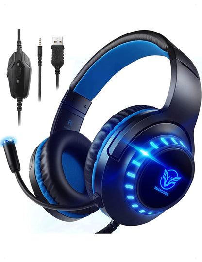 Pacrate Gaming Headset for PS4/PS5/Xbox One/PC/Nintendo Switch, PS4 headphones with cable Xbox headset with microphone, Noise Cancelling PS5 headset with LED lights - Blue