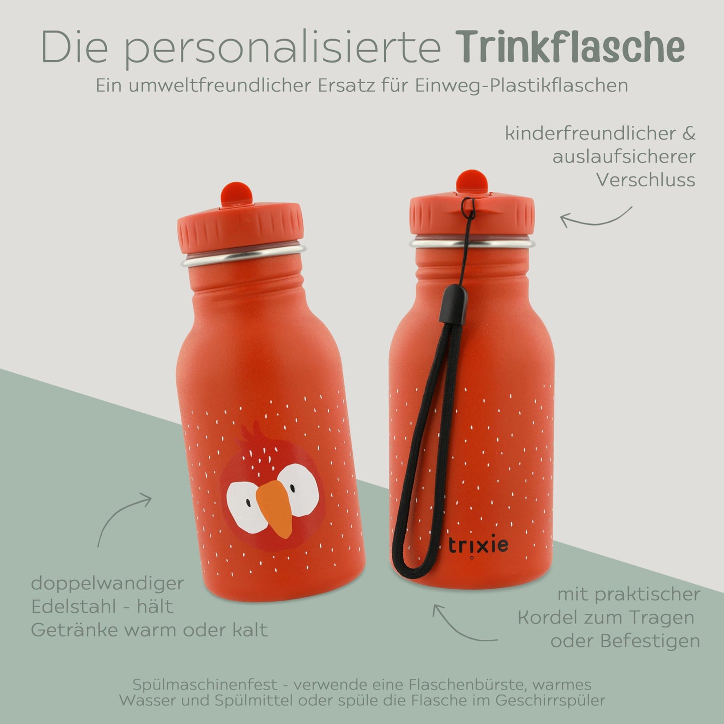 Miracle wish personalized water bottle for children, bottle personalized, baby bottle, kids bottle, Trixie water bottles with custom name (parrot, 500ml)