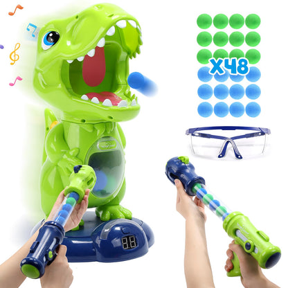 EagleStone Moving Dinosaur Shooting Toy for kids, target game with 2 air pump guns, party toy with score display, LED and sound, gift for boys and girls.