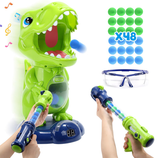 EagleStone Moving Dinosaur Shooting Toy for kids, target game with 2 air pump guns, party toy with score display, LED and sound, gift for boys and girls.