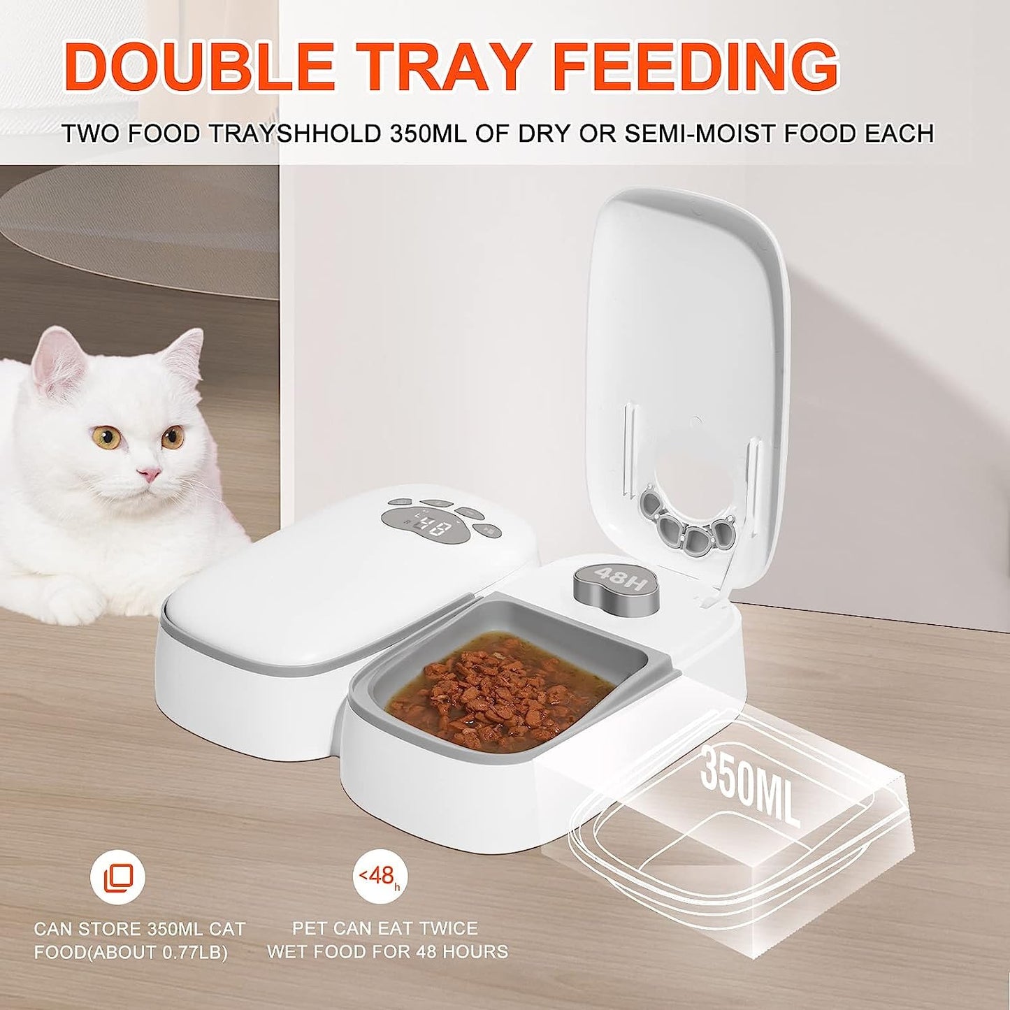 Automatic pet feeder for cats and dogs, 2 in 1 Upgraded Chip Timed Dry Pet Food Feeder with display, 48 hours freshness for semi-moist food, healthier meal for all pets.