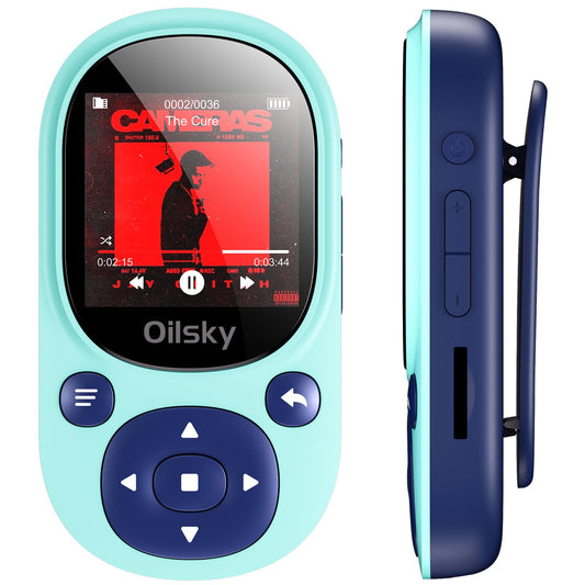 64GB Bluetooth MP3 player, Oilsky Clip-on Mp3 player for sports, mini portable music player for kids with FM radio, recording, pedometer, includes earphones.