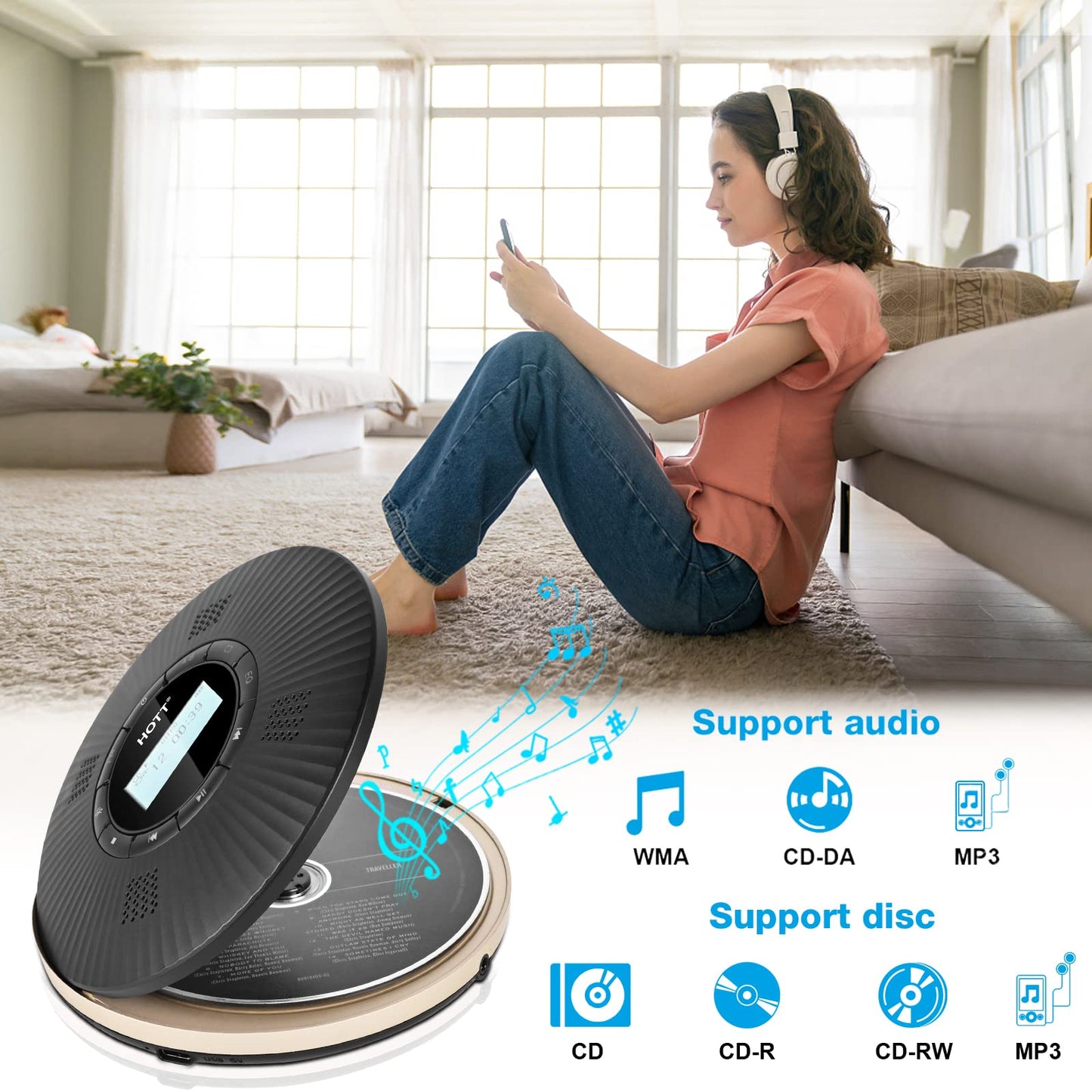HOTT Portable Bluetooth CD Player with 4 Speakers and FM Transmitter, Anti-Skip Portable CD Player, 1800mAh Rechargeable Small with Headphones for Car, Home.