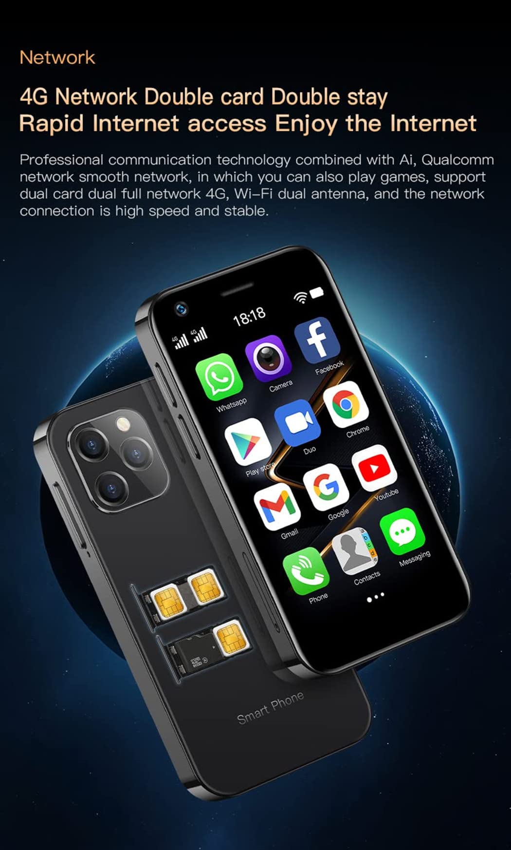 Rainbuvvy XS12 Super Mini 4G LTE smartphone with a 3.0-inch display, 2GB/4GB RAM, and 16/32/64GB ROM. Dual SIM, 2000mAh battery, 13MP camera with backup OTG. Small Android phone in black, 2+16GB.