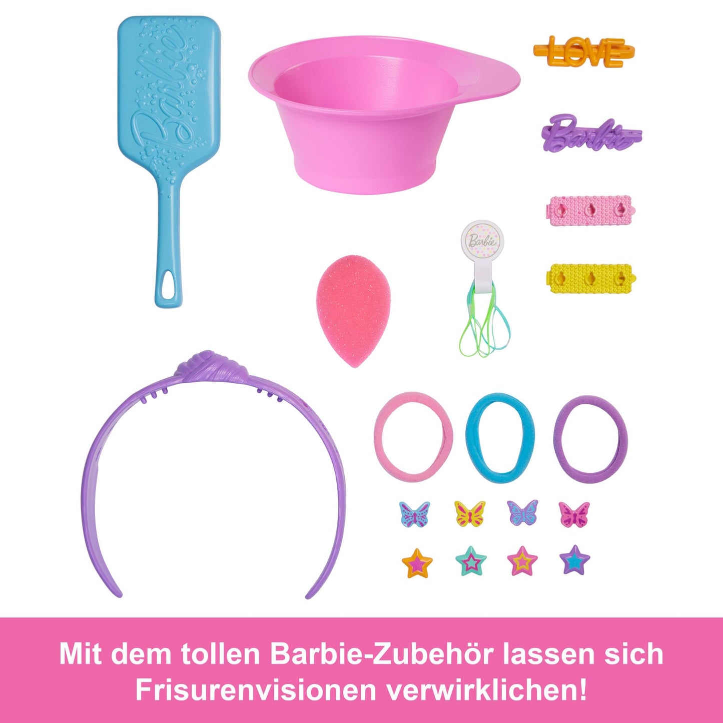 Barbie Styling Head with dark brown hair comes with over 20 styling accessories including stars, butterflies, and color-changing hair clips, JFG82.