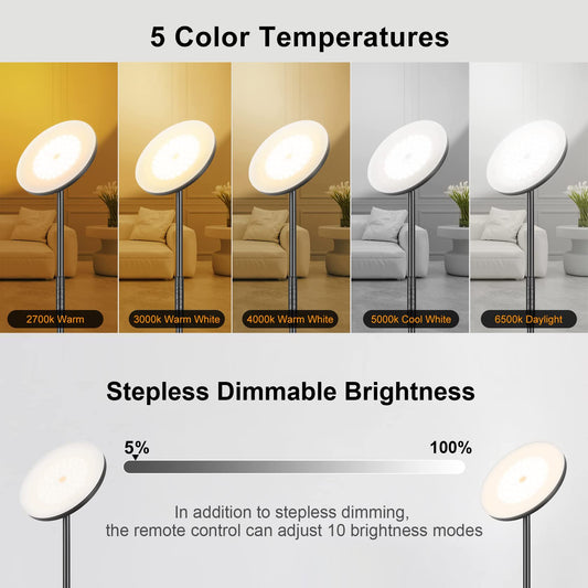 LED floor lamp living room dimmable, 36W 3600LM torchiere with remote control & touch control, 1-minute installation, eye-friendly modern floor lamp for living room, office, dining room, bedroom (Black)
