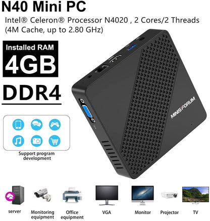 Mini-PC Intel Celeron N4020 (2.8 GHz), 4 GB DDR4/64 GB eMMC, Intel UHD Graphics 600, Fanless Mini Computer 4k@60Hz HDMI&VGA, USB3.0, Wi-Fi 2.4/5.8G, BT4.2