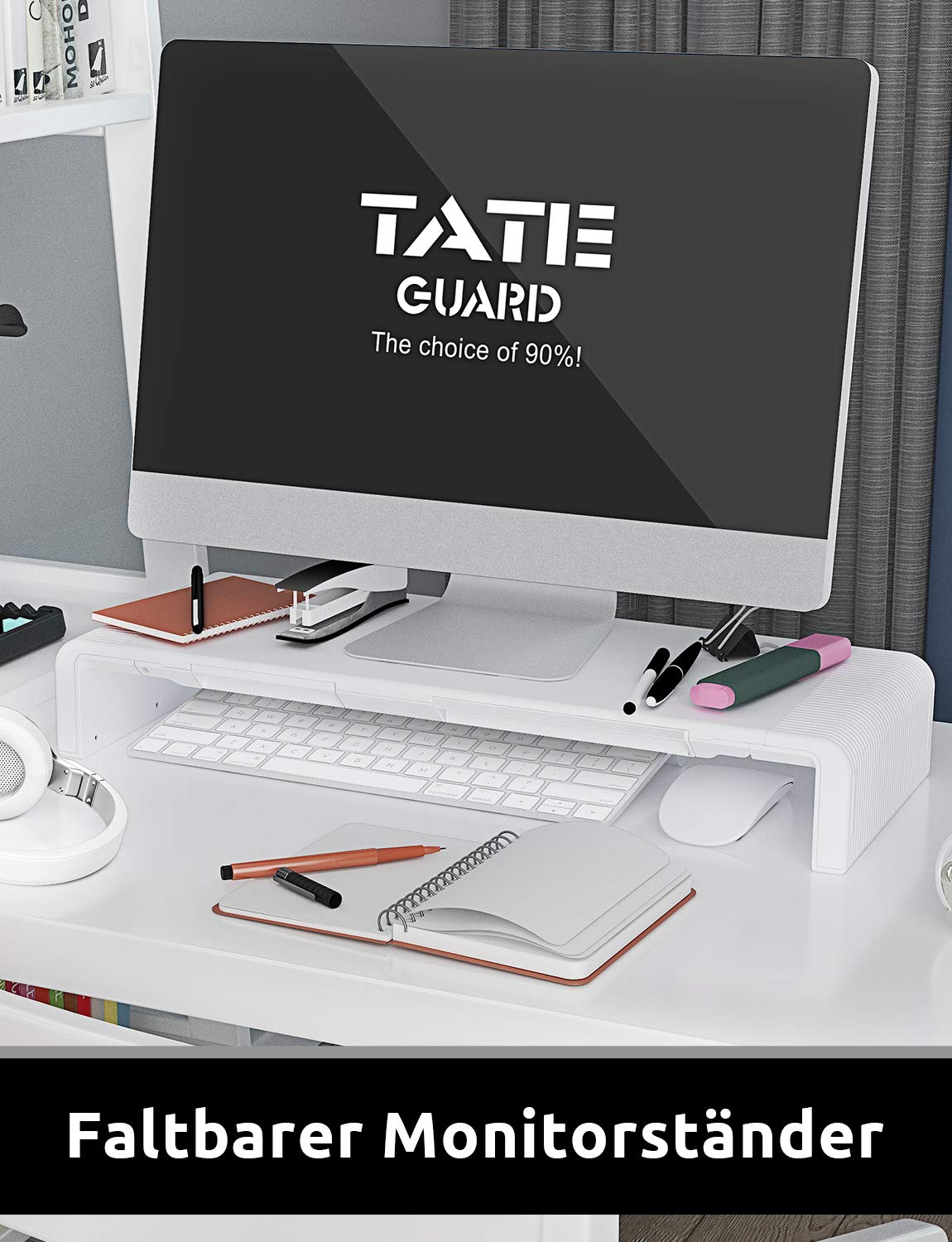 TATEGUARD Foldable Monitor Stand Riser Computer Monitor Stand with Adjustable Width compatible with iMac Printer Laptop with Storage Drawer Tablet & Phone Stand Holder White