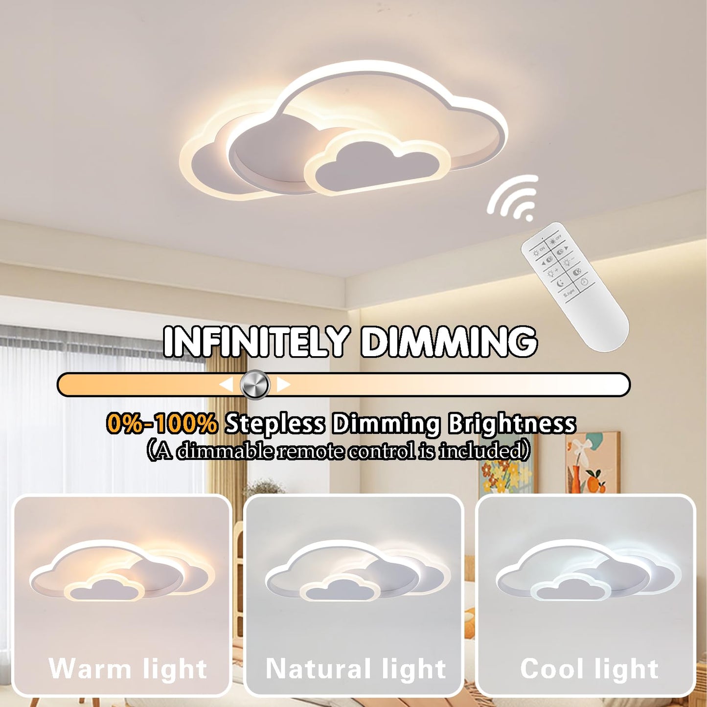 Miniature creative cloud-shaped ceiling light with remote control dimmable, acrylic flush mount ceiling light for living room bedroom hallway and children's room, 52 cm (20.5 in) 42W, White.