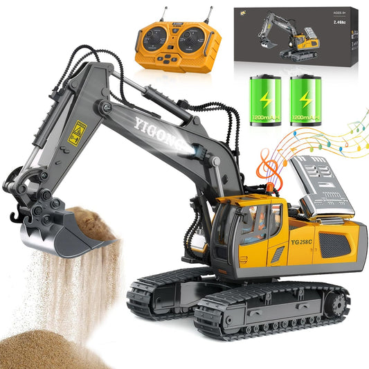 KIYTARBOO Remote Control Car Excavator Toy for ages 3 and up. Metal remote control sand vehicle, 11 channels, 2.4GHz RC excavator with lights and sound, 680° rotation. Great gift for boys aged 5-12.