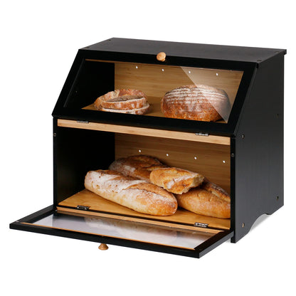 Leader Accessories Bamboo Bread Box 2 Tier Bread Container food safe Bread Storage easy to clean 39x25x32cm Black