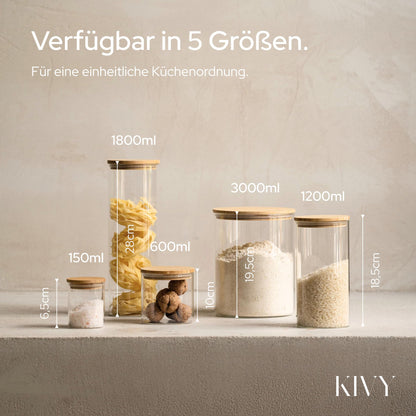 KIVY storage jars with airtight lid - 2 x 1.8L - For spaghetti, flour, cereals storage glass - Pasta jars with lid - Large spaghetti storage glass - Pasta jars with bamboo lid.