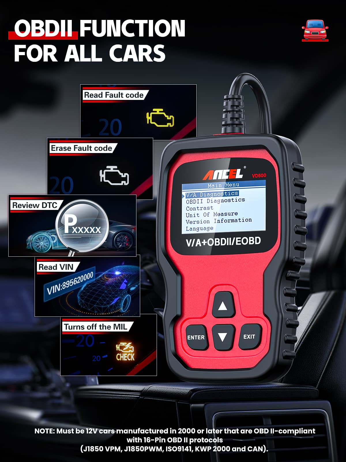 ANCEL VD500Pro OBD2 diagnostic tool for VW/Audi/Skoda/Seat vehicles. Wired, reads fault codes, engine light, EPB, oil, and TPS reset functions. Available in German.
