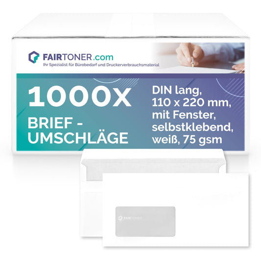 FairToner DL envelopes with window (1,000 pieces) self-adhesive, window envelopes 22 x 11 cm white