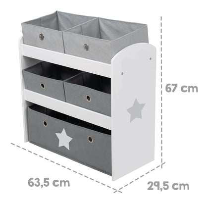 Roba Play Shelf Stars - Toy Shelf for Children's Room with 5 Fabric Boxes - with Star Motif - Storage Shelf for Boys and Girls - White Wood
