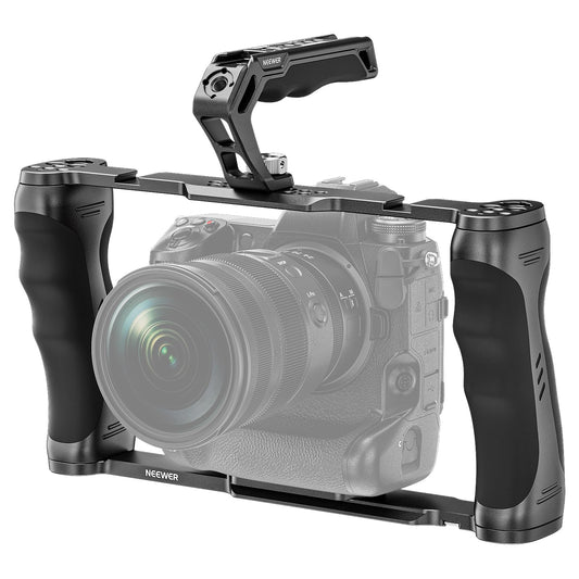 NEEWER Universal Camera Cage with Top Handle and 3/8" ARRI Locating Pins, Video Rig Stabilizer with Arca Swiss Base, Two Hand Grips, compatible with SmallRig Accessories, CA016T.
