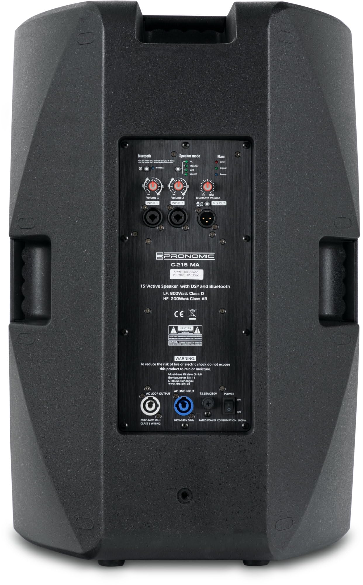 Pronomic C-215 MA Stereo Set - Two active 2-way speakers - Power: 2000 watts - 15" woofer + 1.75" tweeter - Bluetooth receiver and DSP presets - Plastic housing with monitor tilt angle.