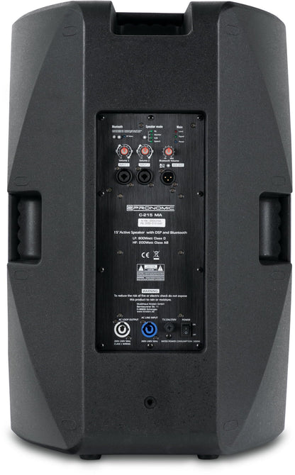 Pronomic C-215 MA Stereo Set - Two active 2-way speakers - Power: 2000 watts - 15" woofer + 1.75" tweeter - Bluetooth receiver and DSP presets - Plastic housing with monitor tilt angle.