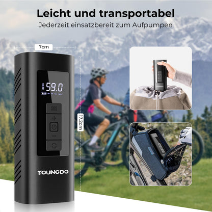 Electric air pump, YOUNGDO bicycle pump, bicycle pump 150PSI, battery compressor 6000mAh, pump for all valves for bike, motorcycle, car.
