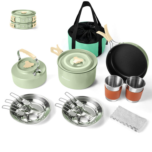 Odoland Camping Cookware Set Non-stick Pot and Pan Set with Kettle, Stainless Steel Utensils Mess Kit, Cups Plates Knives Spoons Forks for Outdoor Cooking
