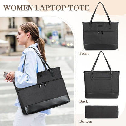 Kasgo women's handbag, large 16.8L shopper tote bag with 15.6-inch laptop compartment, water-resistant laptop bag, shoulder bag, work bag for work, travel, teachers with luggage sleeve, black.