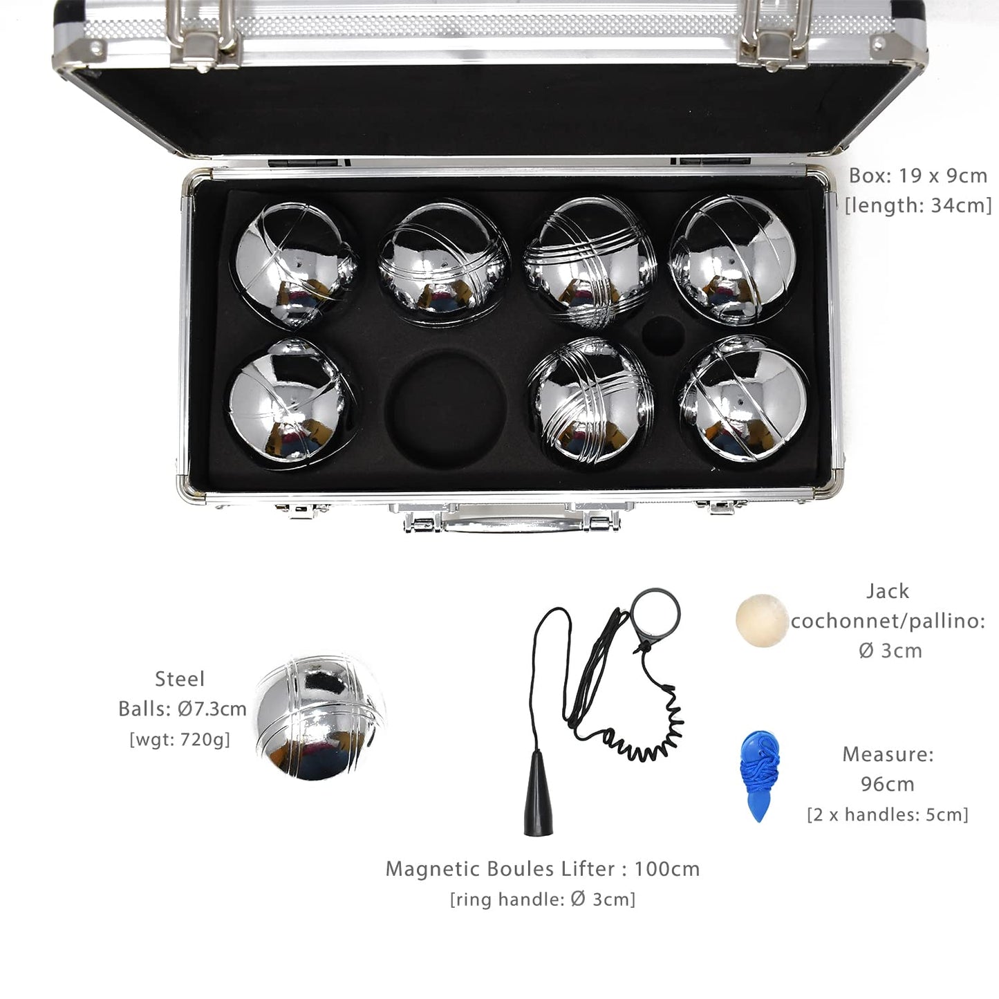 Big Game Hunters Premium 8 Ball Boules/Petanque Set for 4 players with rust protection in a high-quality metal box.