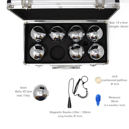 Big Game Hunters Premium 8 Ball Boules/Petanque Set for 4 players with rust protection in a high-quality metal box.