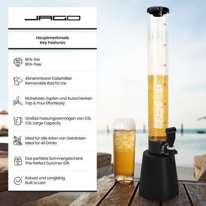 Jago® Beer tower with tap - 3.5L, 90cm tall, level indicator, stand, BPA-free, LFGB standard, various set options - beer tower, beverage tower, drink tower, beer dispenser, beverage dispenser, tap tower