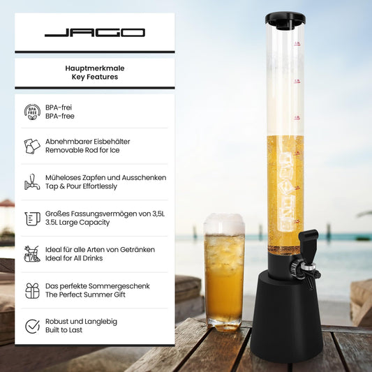 Jago® Beer tower with tap - 3.5L, 90cm tall, level indicator, stand, BPA-free, LFGB standard, various set options - beer tower, beverage tower, drink tower, beer dispenser, beverage dispenser, tap tower