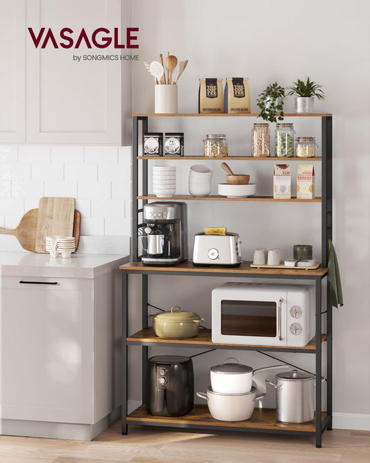 VASAGLE Kitchen Shelf, shelving unit, microwave shelf, standing, 6 shelves, 6 hooks, steel frame, industrial design, 40 x 100 x 167 cm, vintage brown-ink black KKS039K01