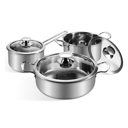 Wodillo Stainless Steel Cookware Set, 6-piece pot set with glass lids and cool-touch handles, suitable for all stovetops & oven safe, non-coated cookware set (Silver)