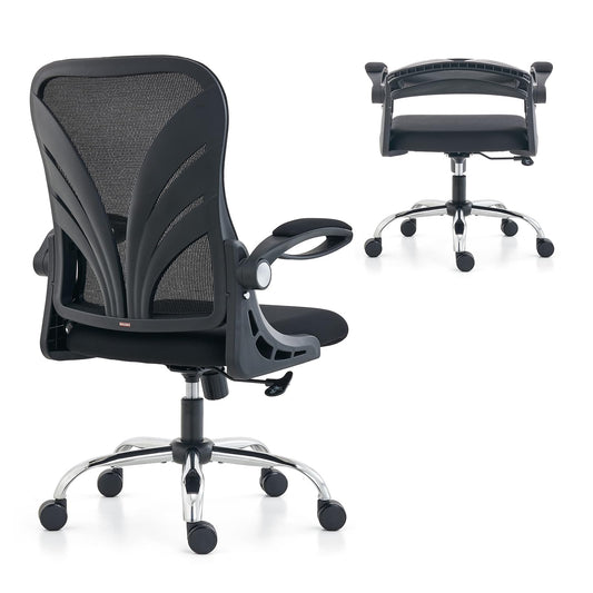 HOLLUDLE Ergonomic Office Chair with Folding Backrest, Desk Chair with Extended Seat (52 cm), Flip-up Armrests and Mesh Lumbar Support Swivel Computer Chair, Black