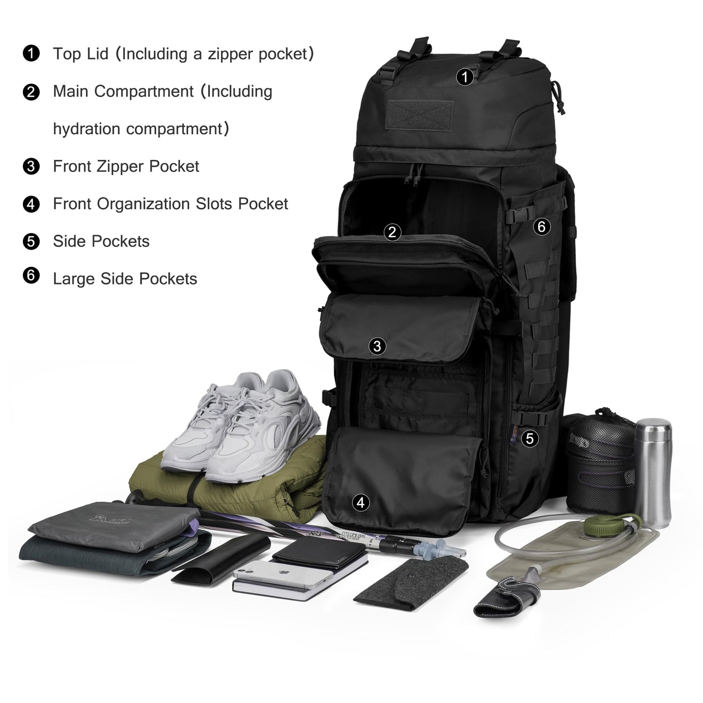Mardingtop 75L Tactical Backpack with Rain Cover, MOLLE System Hiking Backpack Large Capacity Outdoor Backpack for Trekking, Hiking, and Camping.