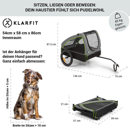 Klarfit 2-in-1 bike trailer & dog buggy, foldable, dog trailer with suspension, reflectors & leash, for dogs up to 45kg