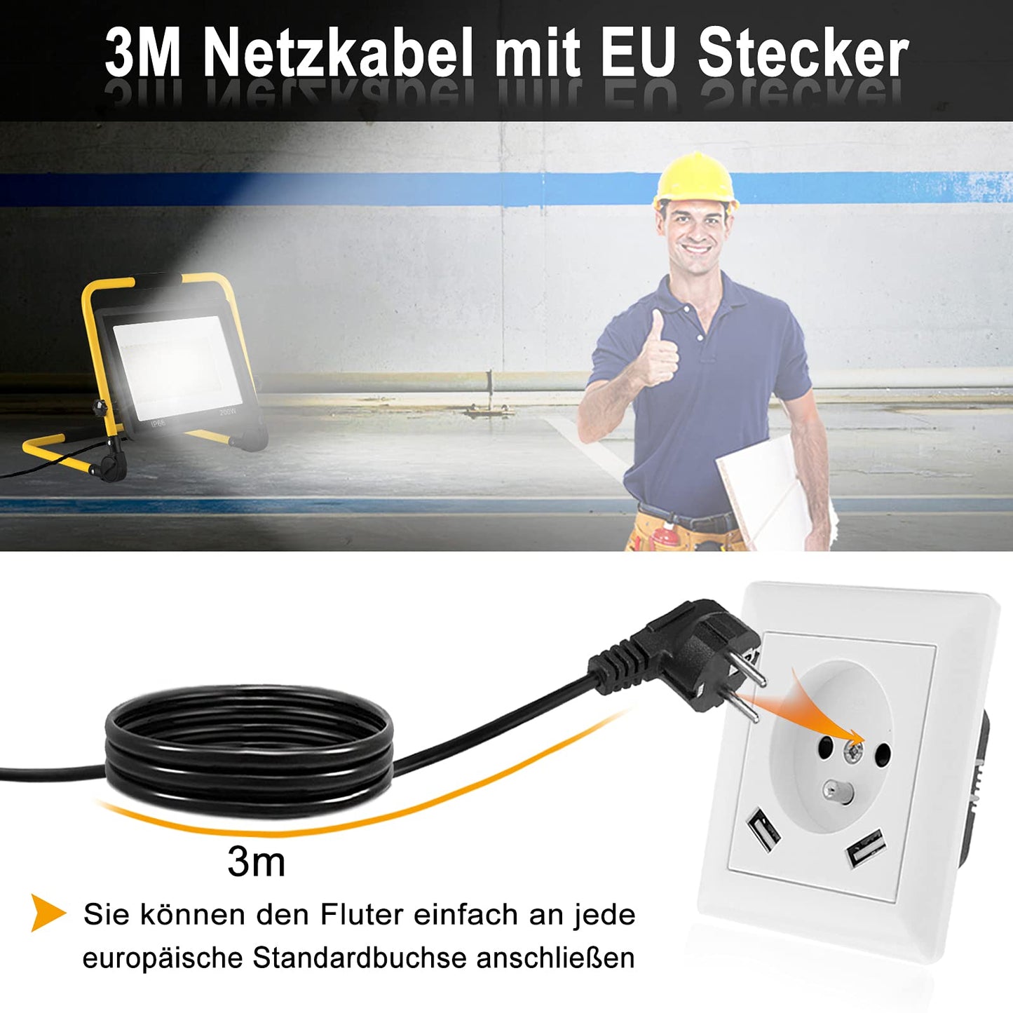 On LED construction spotlight 100W, construction site spotlight warm white work spotlight LED floodlight floodlight with 3M cable, tripod stand and handle, waterproof IP66 floodlight for garden, garage.