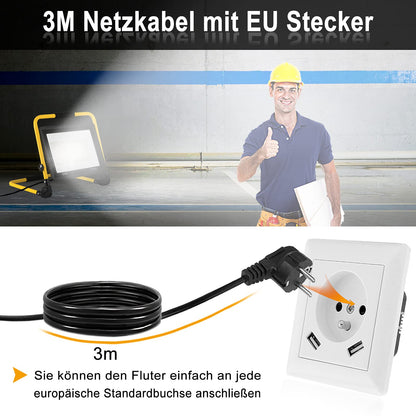 On LED construction spotlight 100W, construction site spotlight warm white work spotlight LED floodlight floodlight with 3M cable, tripod stand and handle, waterproof IP66 floodlight for garden, garage.