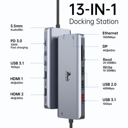 USB C Docking Station Dual Monitor Dock for Laptop 13 in 1 USB C Hub Triple Display with 2 HDMI, DisplayPort, 5 USB C/A, Ethernet, 100W PD, SD/TF, Audio/Mic for Dell HP Surface