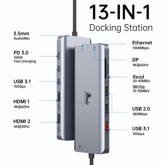 USB C Docking Station Dual Monitor Dock for Laptop 13 in 1 USB C Hub Triple Display with 2 HDMI, DisplayPort, 5 USB C/A, Ethernet, 100W PD, SD/TF, Audio/Mic for Dell HP Surface