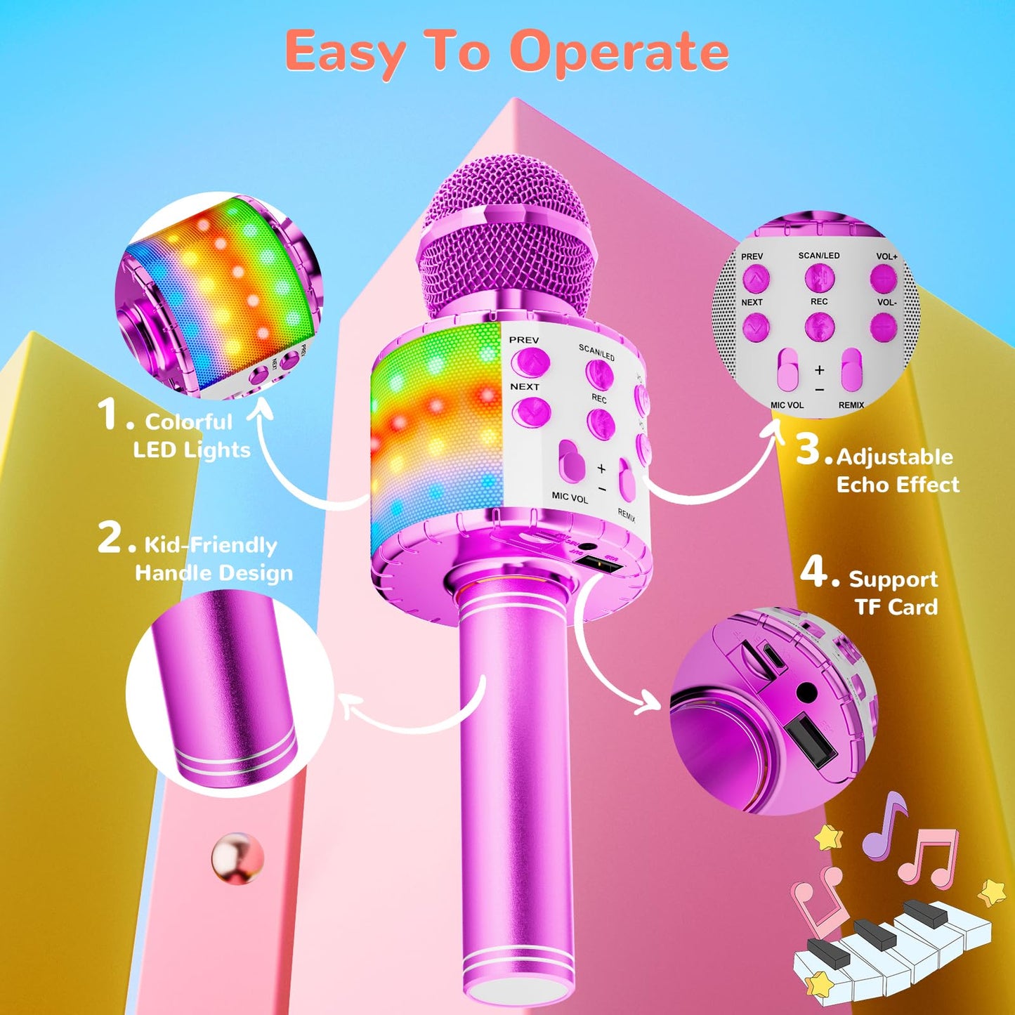Magic Sing LED Karaoke Microphone for Kids, Wireless Bluetooth Toy for ages 3-12 Girls Gift KTV Speaker with Voice Changer, Home KTV Karaoke Machine for Android, iOS, PC (Purple)