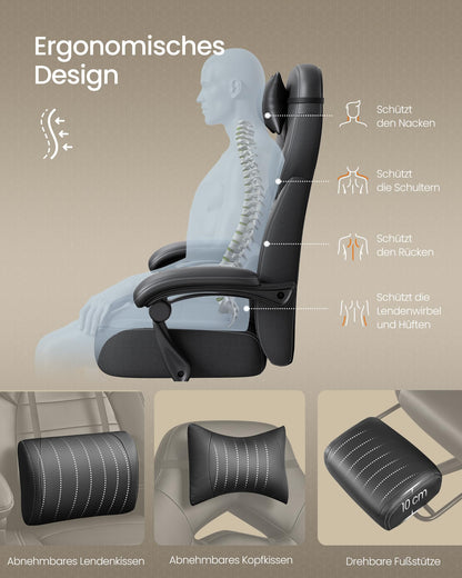SONGMICS Gaming Chair, Office Chair, Computer Chair, ergonomic design, with footrest, adjustable headrest, lumbar pillow, weight capacity 150 kg, black OBG077B01