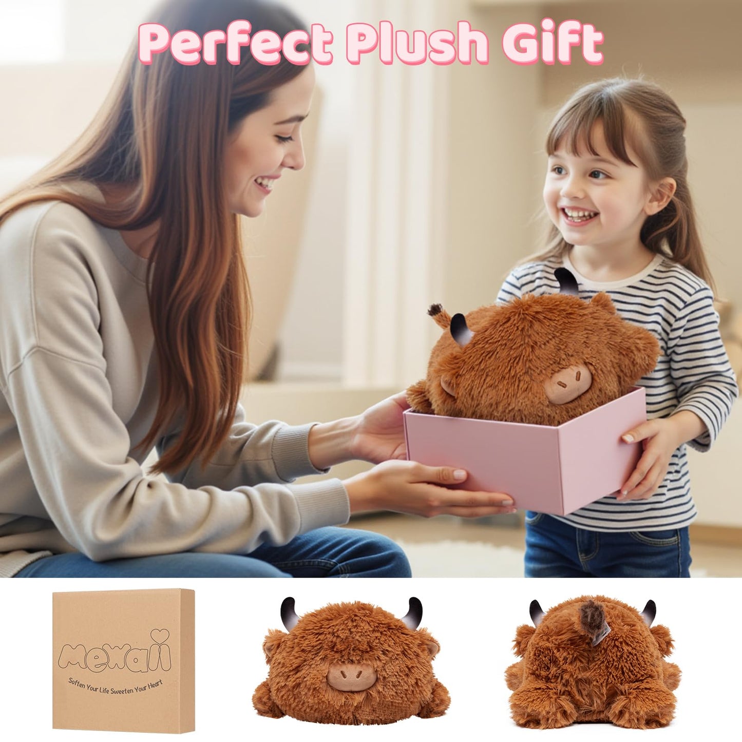Mewaii Sweet Highland Cattle Cow Stuffed Animal Plush Pillow for Kids, Soft 33 cm Stuffed Animals, Kawaii Plush Cow, Relaxation and Decorative Pillow for Girls.
