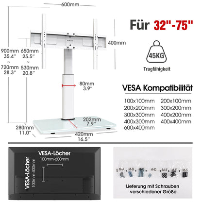 AOKCOS TV stand base TV stand height 900mm for 32-55 65 75 inch TVs, tiltable swiveling adjustable height TV stand, universal TV stand feet base max VESA 600x400mm 45KG (White)